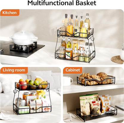 3 Tier Fruit Basket for Kitchen Countertop with 2 Banana Hangers,Detachable Metal Fruit Bowl with Wooden Handles and Protective Pads,Large Capacity Fruit and Vegetable Basket Organizer,Black