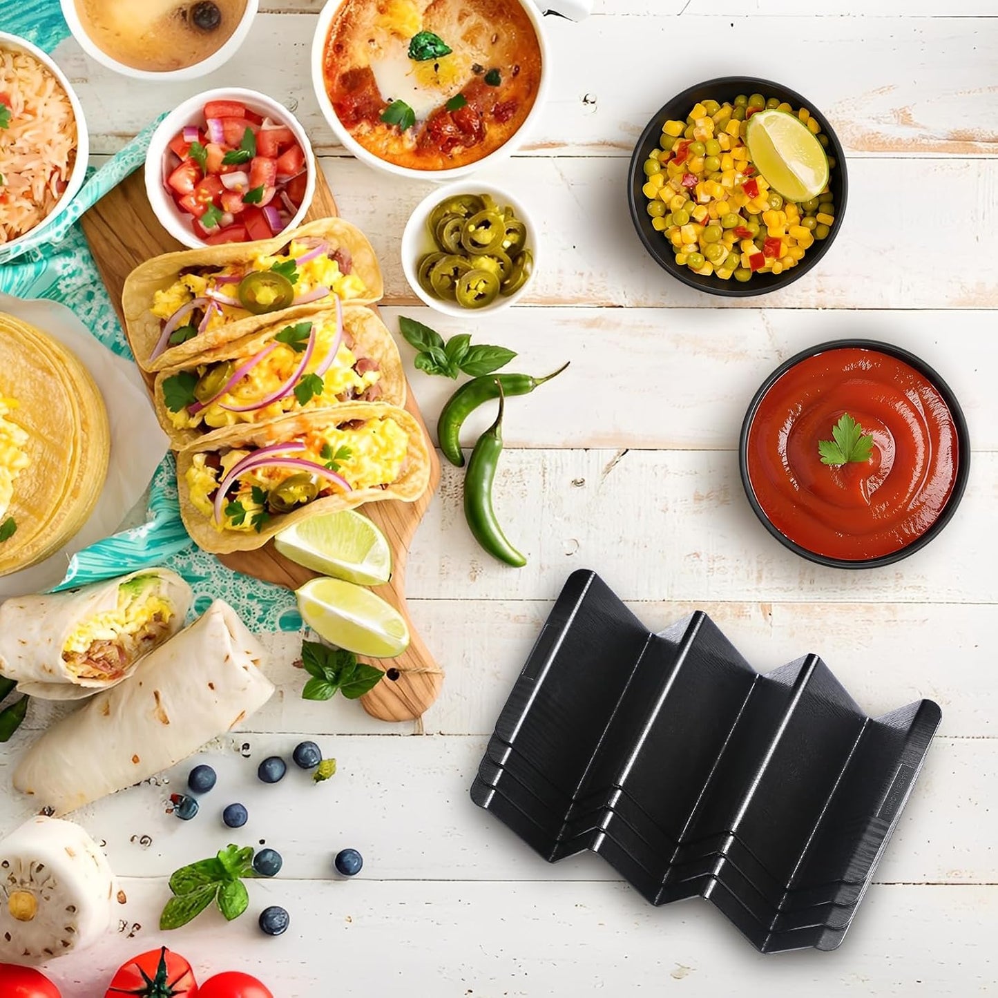 FoldTier Mexican Taco Holder Stands with Salsa Bowls Set of 24 Food Grade Plastic Dishwasher Safe Upright Trays Dipping Bowls For taco Night, Cinco De Mayo, Family Gatherings, Party(Black)
