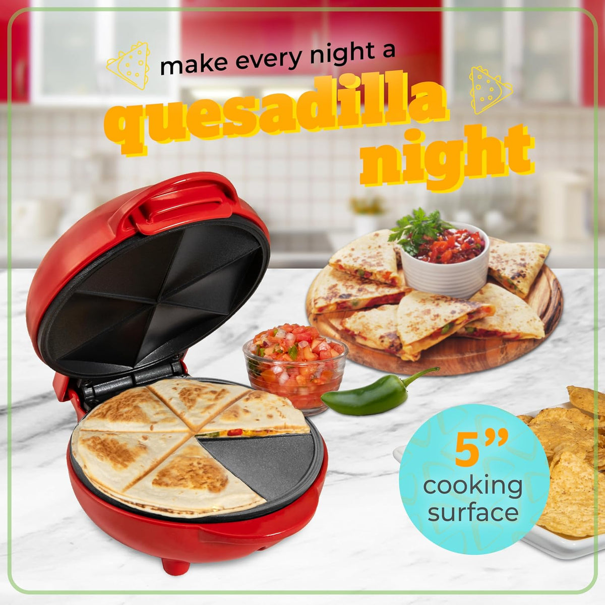 Taco Tuesday Deluxe 8-Inch 6-Wedge Electric Quesadilla Maker with Extra Stuffing Latch, Red