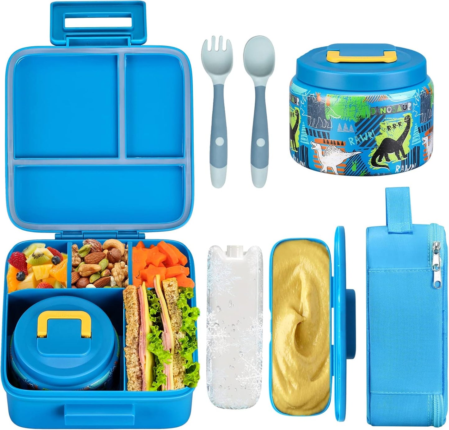 JXXM Bento Lunch Box for Kids With 8oz Soup thermo,Leak-proof Lunch Containers with 5 Compartment,thermo Food Jar and Lunch Bag, Food Containers for School (A-Blue(Extreme Locomotive))