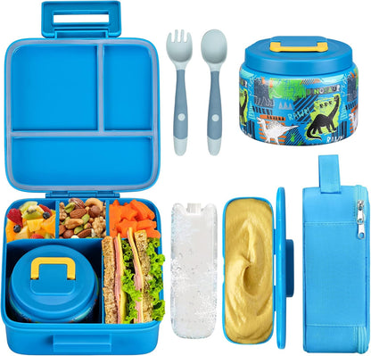 JXXM Bento Lunch Box for Kids With 8oz Soup thermo,Leak-proof Lunch Containers with 5 Compartment,thermo Food Jar and Lunch Bag, Food Containers for School (A-Blue(Extreme Locomotive))