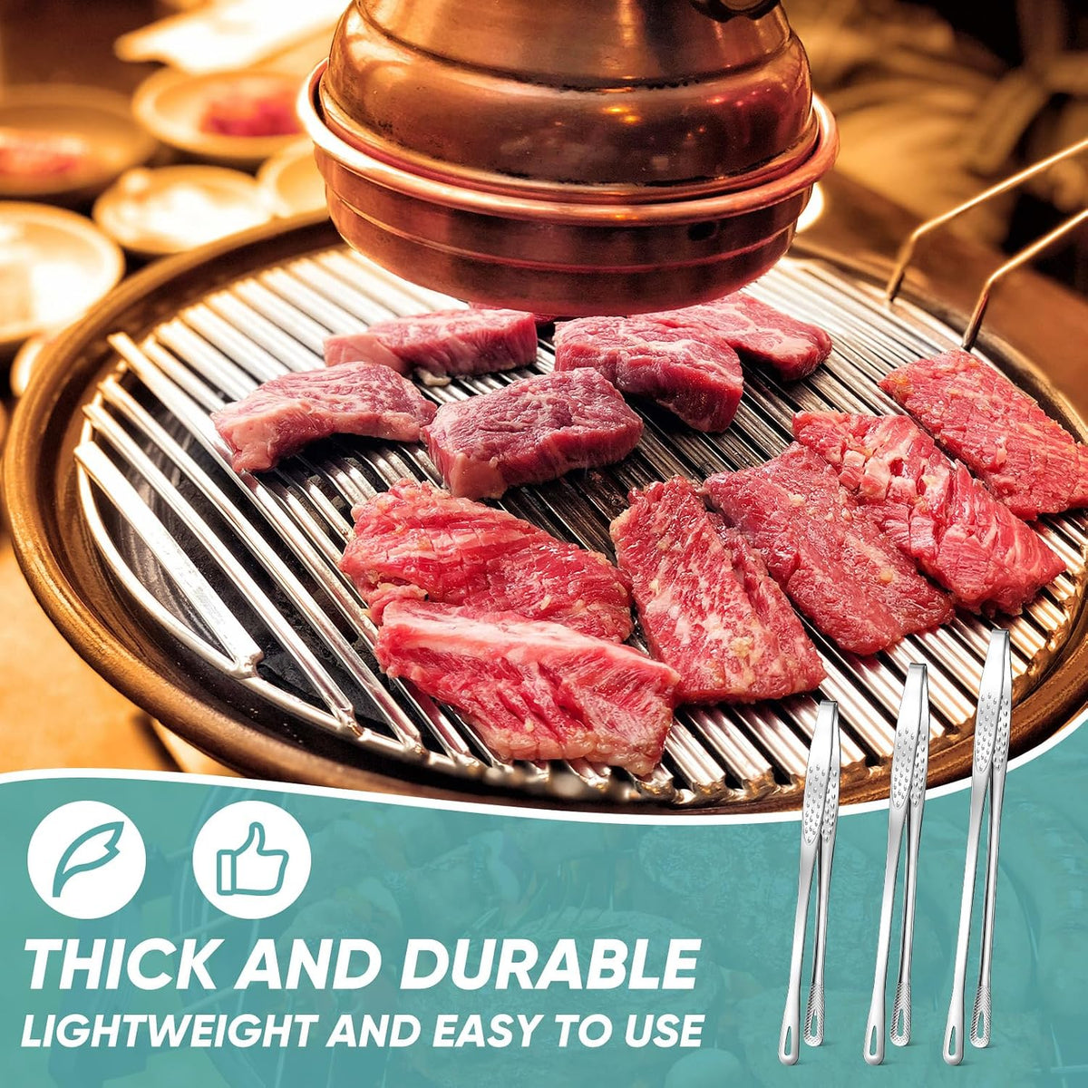 meekoo 6 Pcs 7.8 Inches Stainless Steel Korean BBQ Grill Tongs Japanese Barbecue Tongs for Cooking Portable Kitchenware Home Outdoor Steak Salad Food