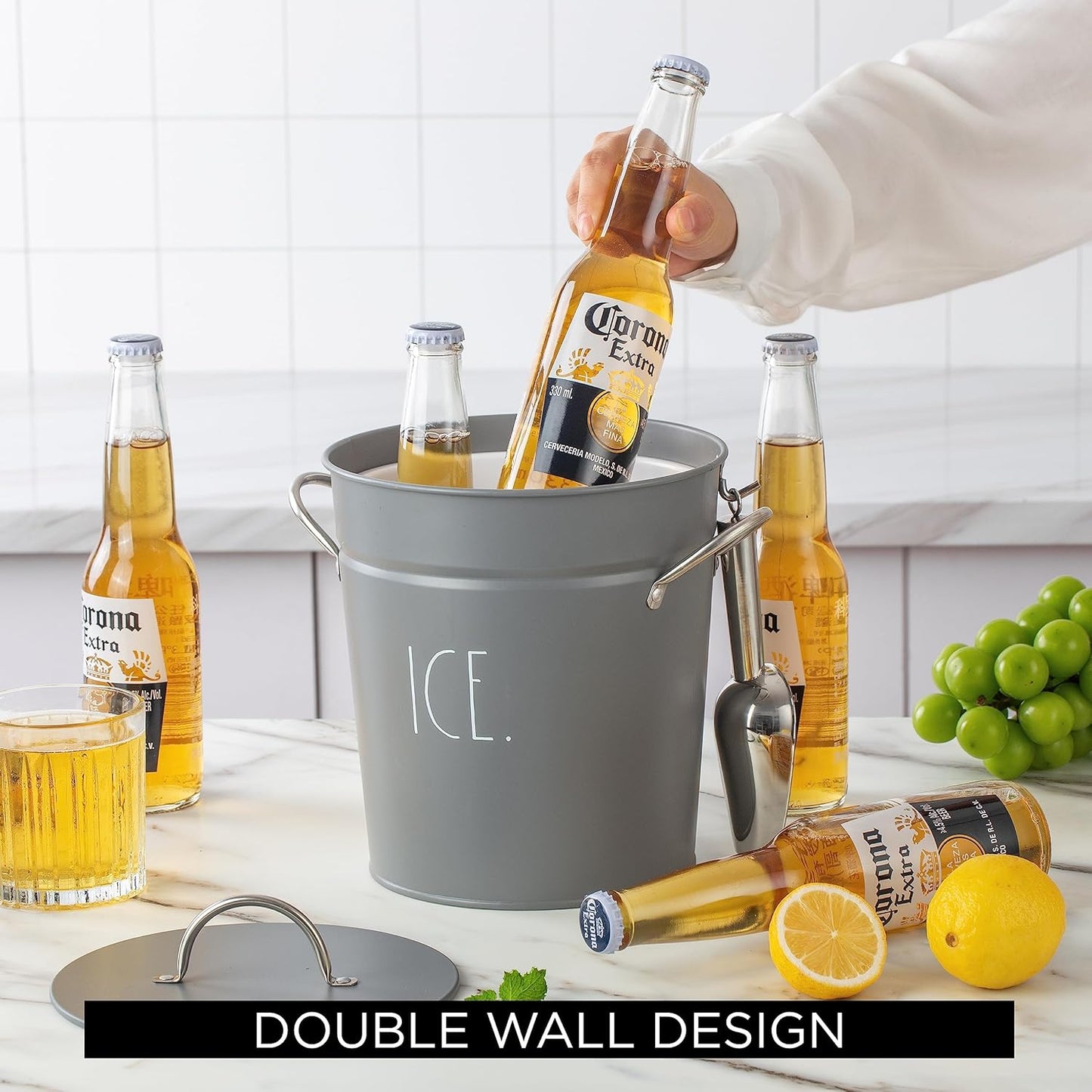 Rae Dunn Ice Bucket with Scoop - Stainless Steel Bucket with Handle, Lid and Ice Scooper - 4 Qt. Storage Bin for Ice Cubes for Bars, Parties, Backyard Barbeques, Picnics, and Camping (Black)