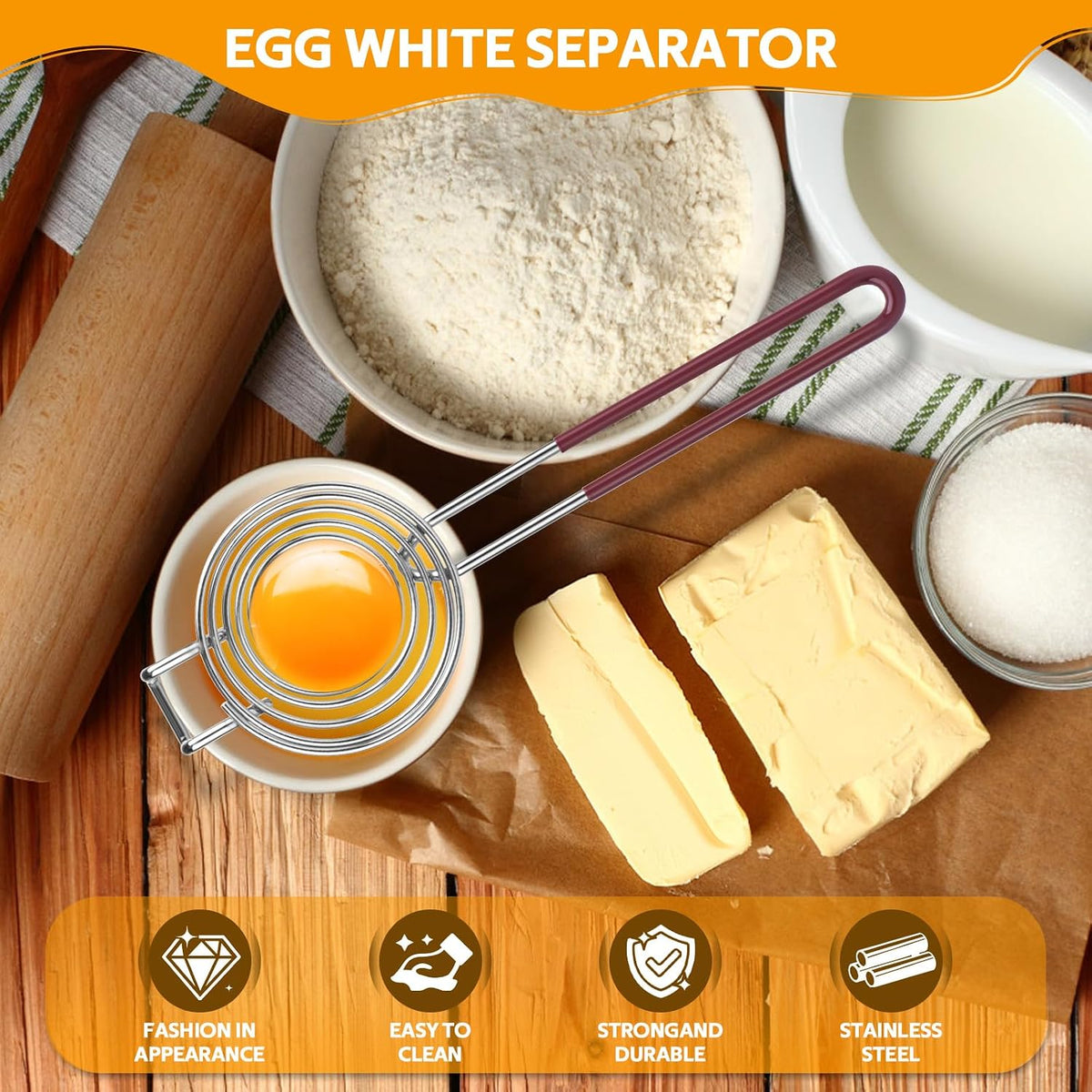 Egg Separator, Stainless Steel Egg Yolk White Separation Tool Long Handle Egg White Separator Tool for Baking, Cooking, and Kitchen Essentials