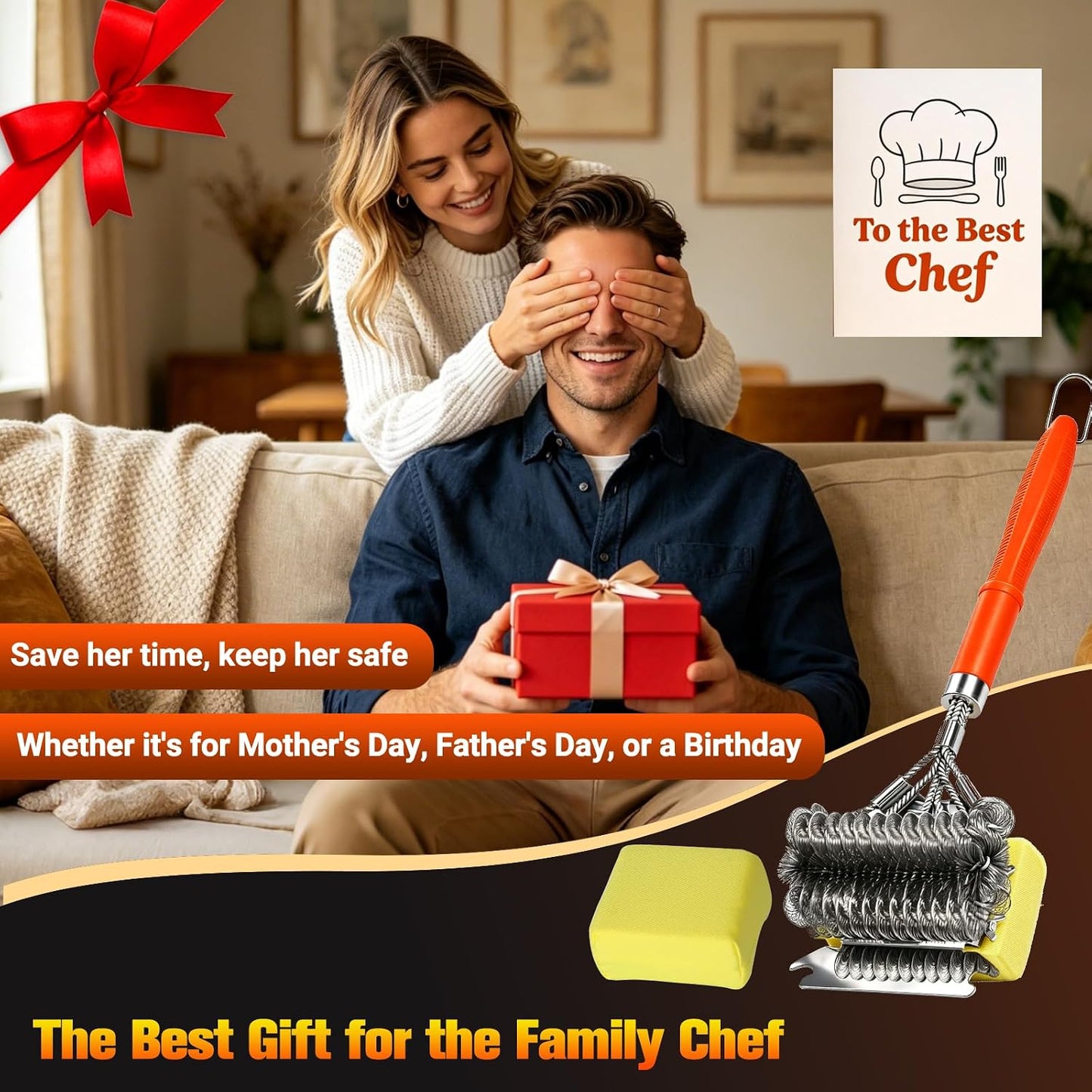 Professional 3-in-1 Grill Brush and Scraper with Safety Second Sweep Sponges - 18" Detachable Long Handle BBQ Cleaner for Heavy Duty Grime - Ideal Father's Day Grilling Gift for Men (Black)