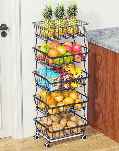 OKZEST 3-Tier Rolling Pantry Floor Organizer and Storage Cart with Wheels, Stackable Wire Pantry Baskets for Pantry Shelves, Kitchen Storage Rack and Fruit Basket Stand for Fruit Snack Onion Potato