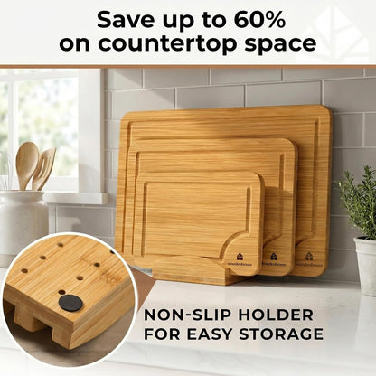 Set of 3 Bamboo Cutting Boards for Kitchen - Thick & Durable Wood Cutting Boards Set with Deep Juice Grooves & Build-in Handles, Large Surface, Easy to Clean – for Meat, Vegetables and Fruits