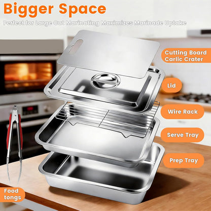Grilling Prep and Serve Trays, Grill Carry System Set of 6 - Stainless Steel Grill Platter,Marinade Container with Lid, Prep Trays,Cutting Board and Food Tong, for Food Prep, Marinating, Roasting, BBQ
