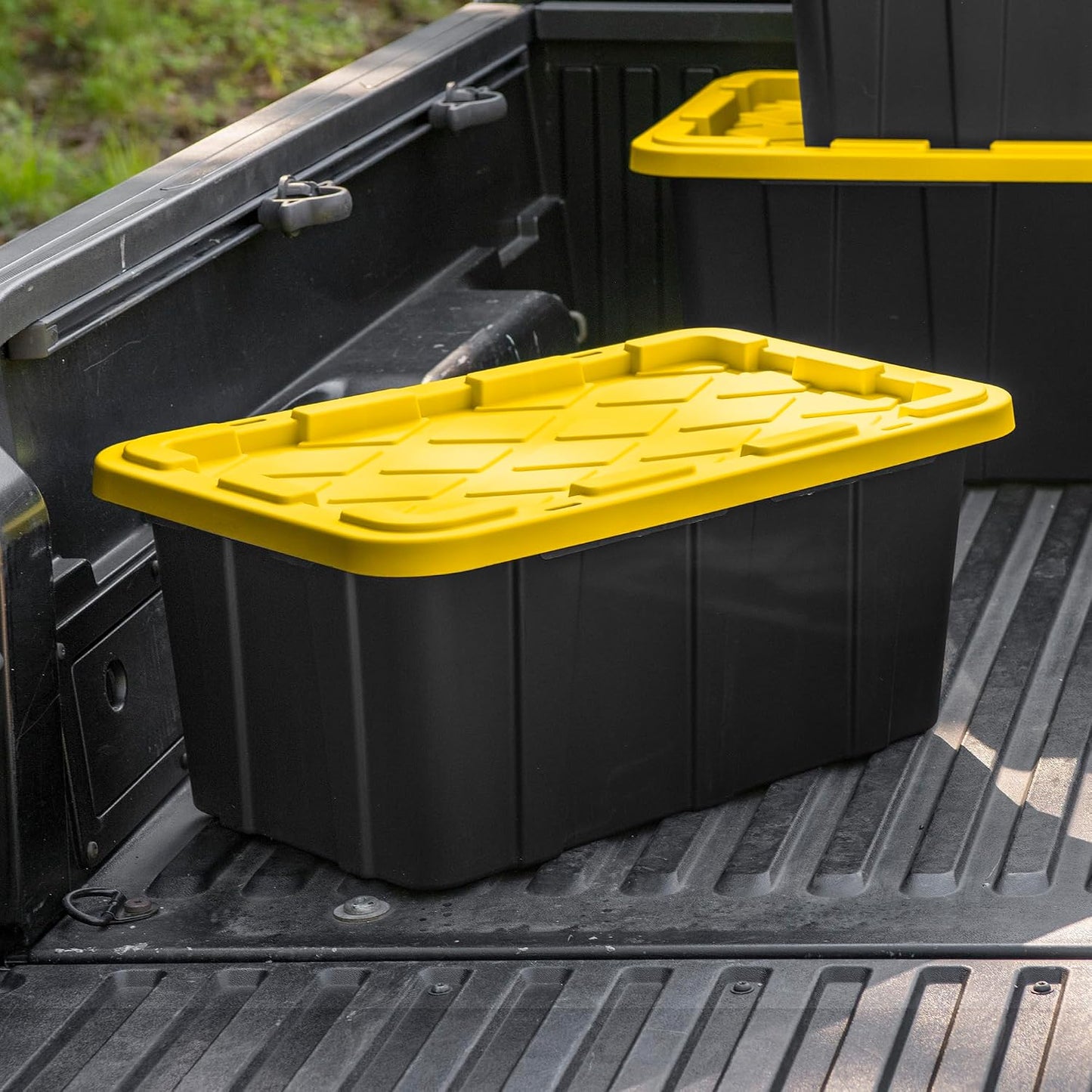 Sterilite 4-Pack 27 Gallon Industrial Storage Tote, Heavy-Duty Plastic Bins, Black/Yellow - Stackable Utility Organizers with Lids for Garage, Camping Tools, and Outdoor Gear