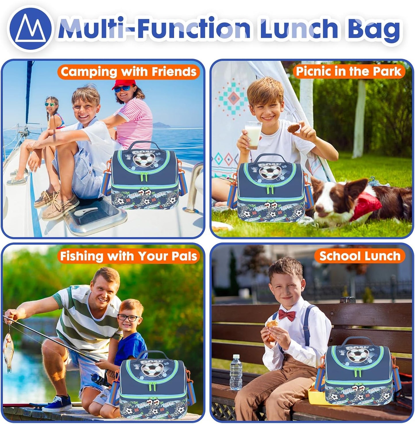 Kids Double Decker Cooler Insulated Lunch Bag, Back to School Large Meal Tote for Boys, Girls, Men, Women, with Adjustable Strap, Soccer