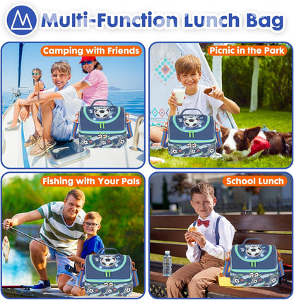 Kids Double Decker Cooler Insulated Lunch Bag, Back to School Large Meal Tote for Boys, Girls, Men, Women, with Adjustable Strap, Soccer