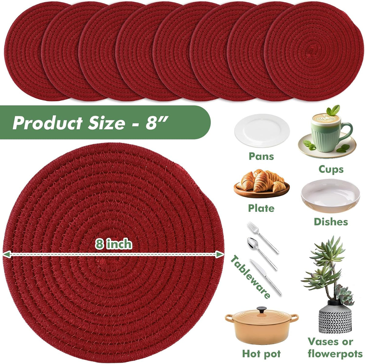 8 Inch Cotton Rope Trivets for Hot Dishes Set of 8 Heat Resistant Mats for Countertop Potholders for Kitchens Trivets for Hot Pots and Pans and Quartz Countertops Farmhouse Kitchen Décor, Mixed Brown