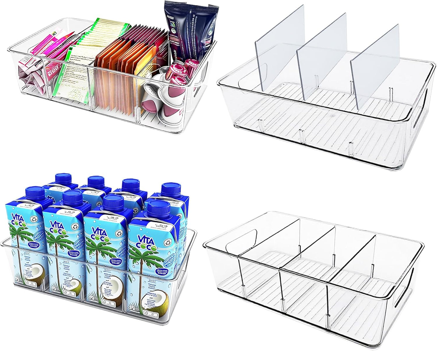 4-Pack Pantry Organizer Bins – Clear Storage Containers for Pantry, Kitchen, Fridge, Cabinet, or Shelf – Perfect for Snacks, Food, Drinks & Multi Purpose