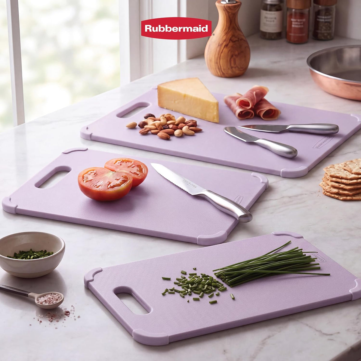 Rubbermaid 3pc Reversible Wheat Fiber Cutting Board Set | BPA Free Non Toxic Cutting Boards for Kitchen – Dishwasher Safe, Non-Slip Corners & Lightweight | For Meat, Veggies & Fruits