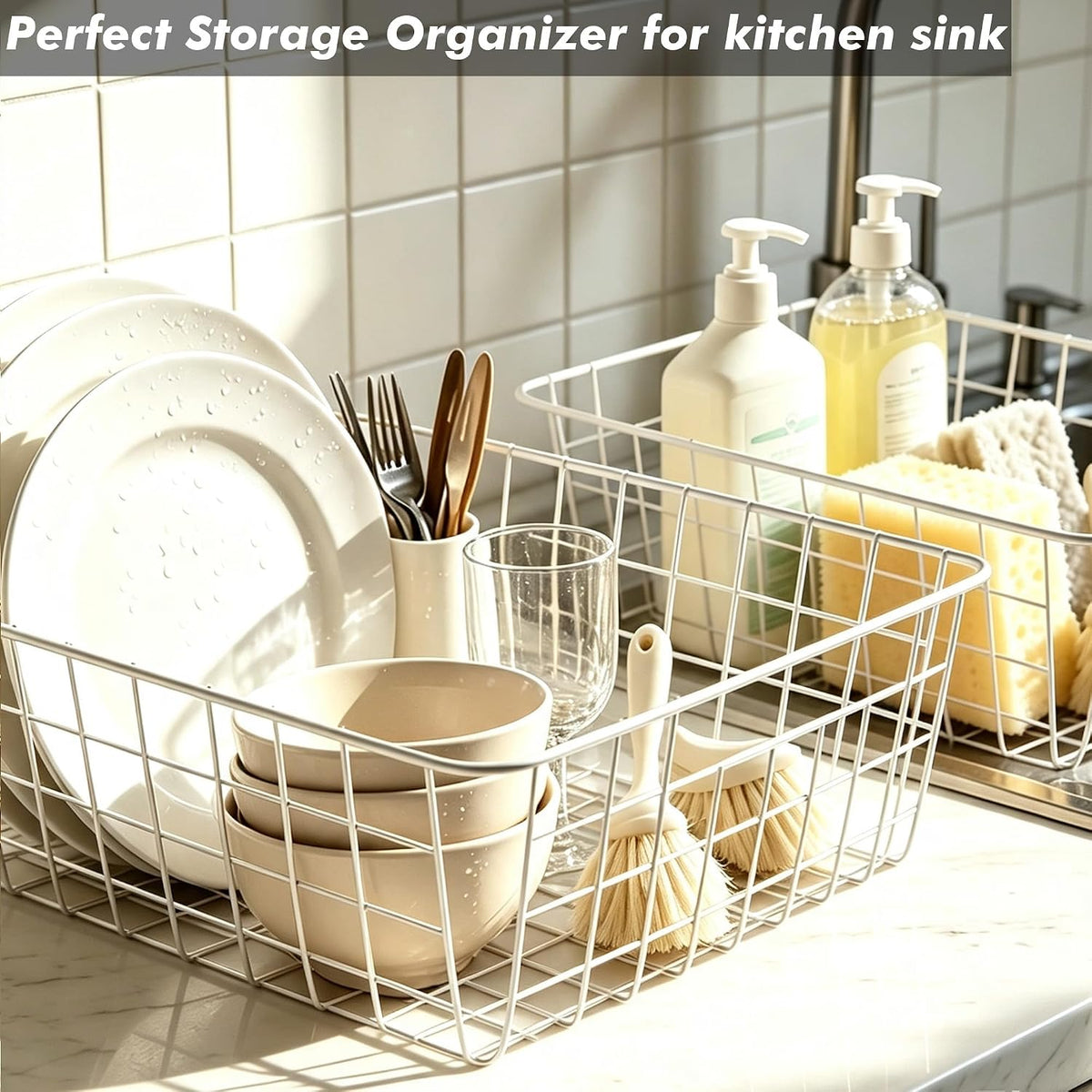 White Wire Storage Baskets,11.1"x8.7"x4.7"Wire Freezer Storage Organizer Bins Farmhouse Metal Freezer Basket with Handles for Cabinets, Pantry, Closets, Bedrooms,White,4 Pack