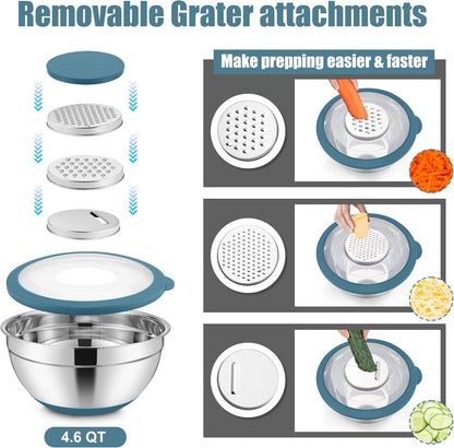 E-far Mixing Bowls with Lids Set, 15PCS Stainless Steel Mixing Nesting Bowl with Colander & 3 Metal Grater for Kitchen Prep/Baking/Storage, Non-Slip Bottom & Airtight Lid, 4.6, 3, 1.5, 1, 0.7QT, Black