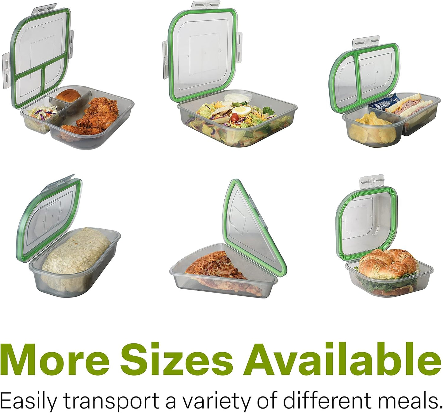 MyGo Container Large To-Go 3-Compartment Food Containers, Pack Of 3, 9-3/8" X 9-3/8" X 2-1/2", Reusable, Microwave Safe, NSF Certified, Smoke/Green