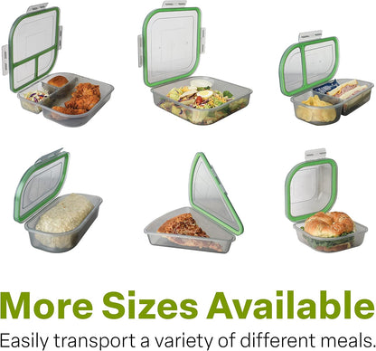MyGo Container Large To-Go 3-Compartment Food Containers, Pack Of 3, 9-3/8" X 9-3/8" X 2-1/2", Reusable, Microwave Safe, NSF Certified, Smoke/Green