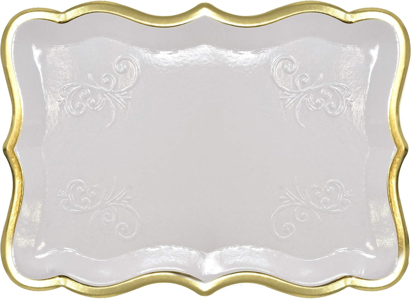 Gift Boutique 10 White Rectangle Trays with Gold Rim Border for Dessert Display Table Parties 9" X 13" Disposable Paper Cardboard in Elegant Shape for Platters Cupcake Display Birthday Party Weddings