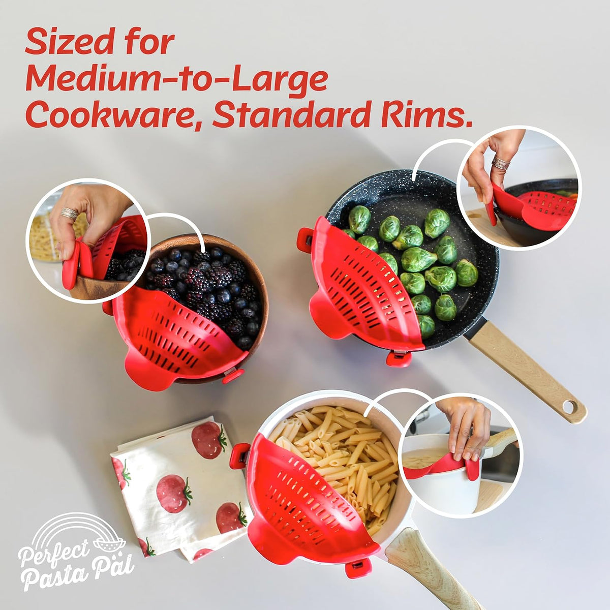 PERFECT PASTA PAL Clip-On Silicone Pot Strainer for Pasta and Vegetables