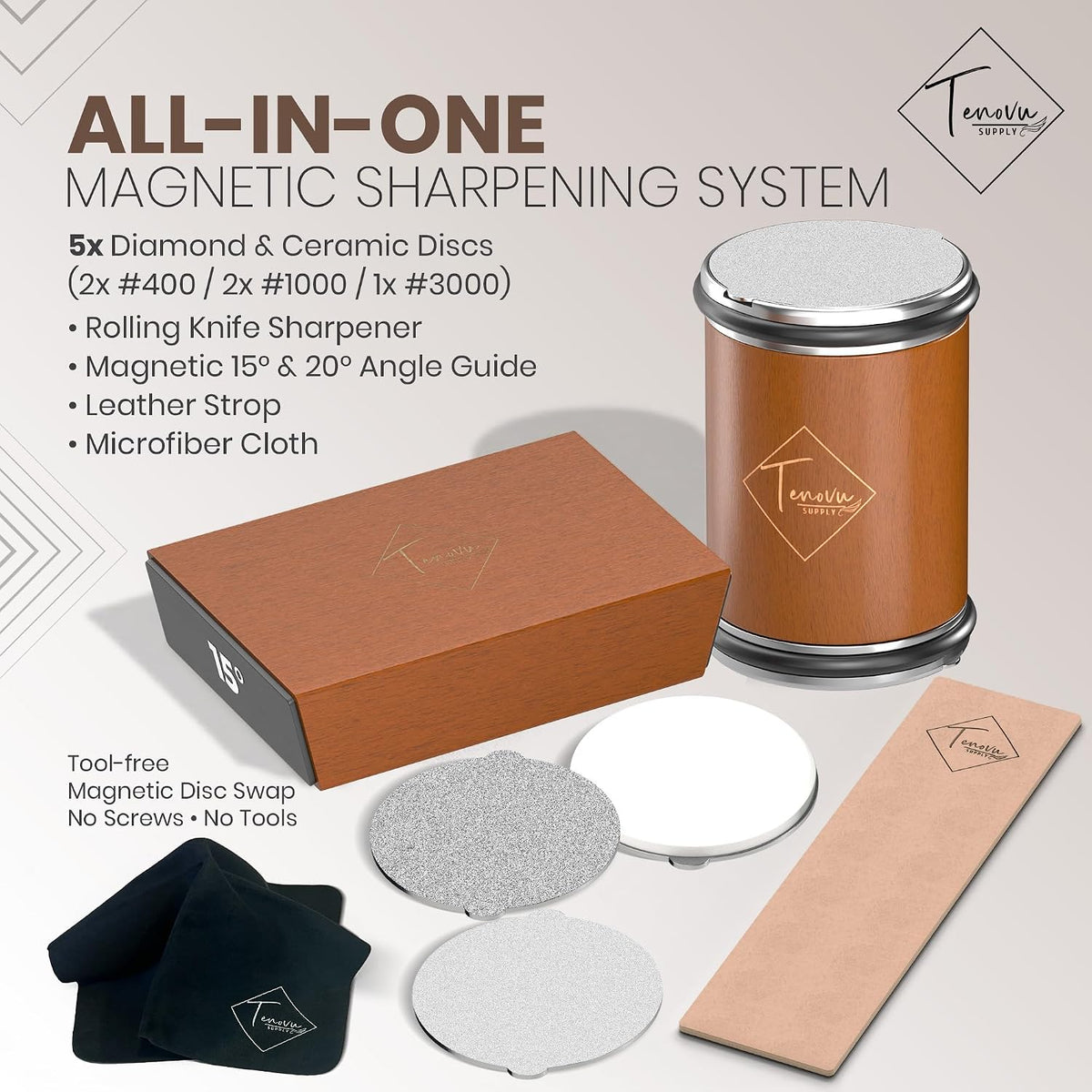 Rolling Knife Sharpener Kit with 5 Total Magnetic Snap-On Discs