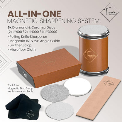Rolling Knife Sharpener Kit with 5 Total Magnetic Snap-On Discs
