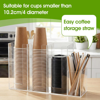 4 Compartments Acrylic Coffee Cup and Lid Holder, Plastic Disposable Paper Cups Dispenser Organizer Clear Lid Straw Holder Accessories for Bar, House, Kitchen, Coffee