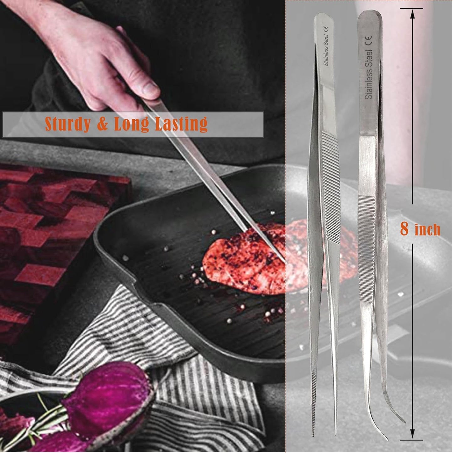 A2Z Cooking Tweezer Straight and Curved Tong Set, Tongs Precision Serrated Tips, Stainless Steel Professional Chef Tweezer Kitchen Tools for BBQ, Plating and Serving (Set of 2-10")