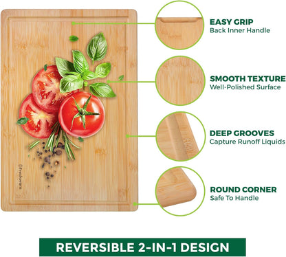 Freshware Wood Cutting Boards for Kitchen - Bamboo Cutting Board Set of 3, Cutting Boards with Juice Grooves, Serving Board Set, Chopping Board for Meat, Veggie, Easy Grip Handle (9x6", 12x8", 15x10")