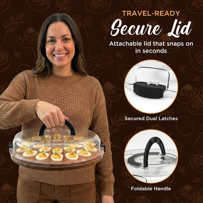 Deviled Egg Carrier with Lid and Handle | Reversible | Wooden Portable Deviled Egg Containers with Lid for Party Travel | Covered Platter Tray Holder | Holds 22 Eggs, Acacia Wood