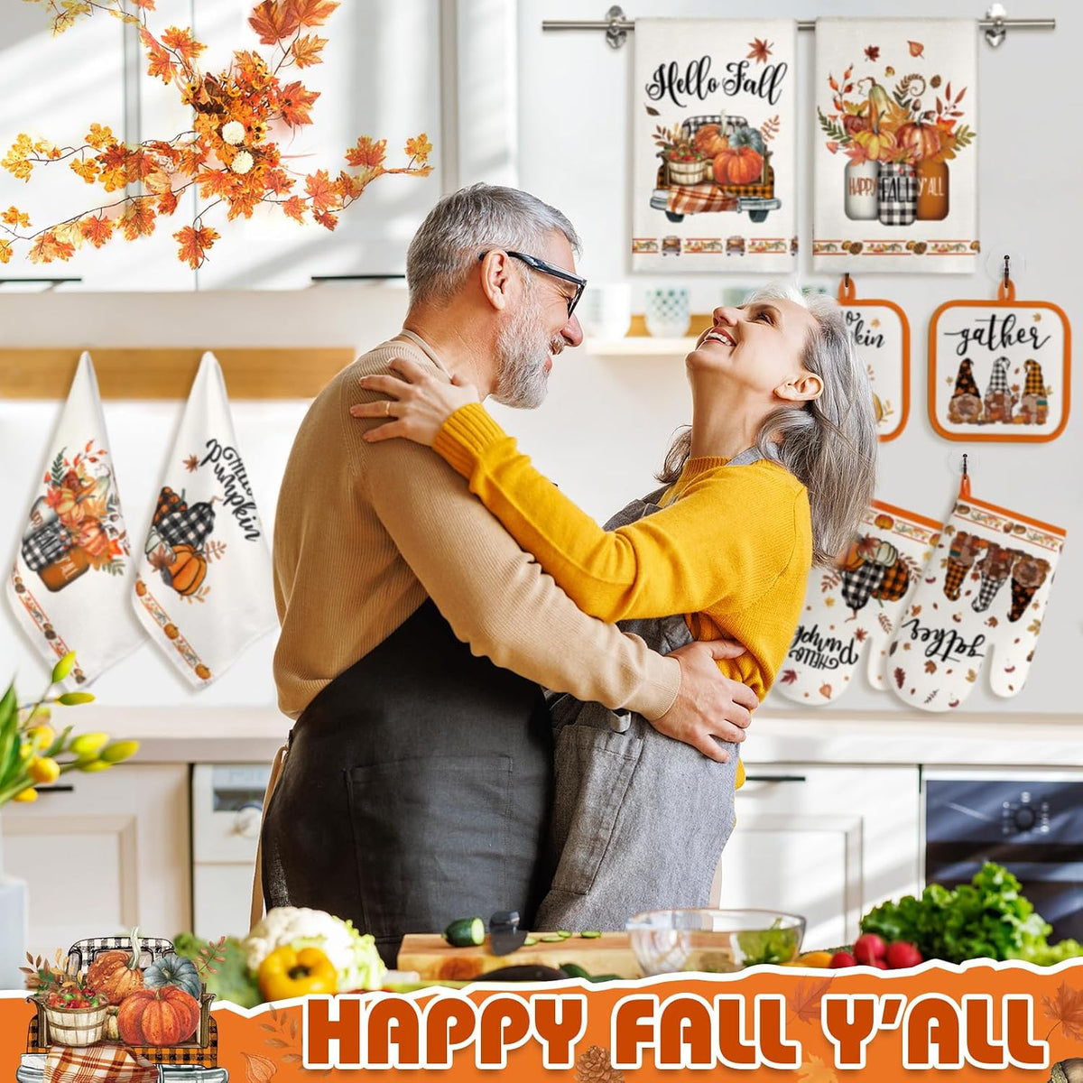 SiliFine 12 Pcs Fall Pumpkin Kitchen Towels Oven Mitts Pot Holders Set