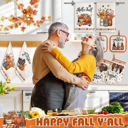 SiliFine 12 Pcs Fall Pumpkin Kitchen Towels Oven Mitts Pot Holders Set