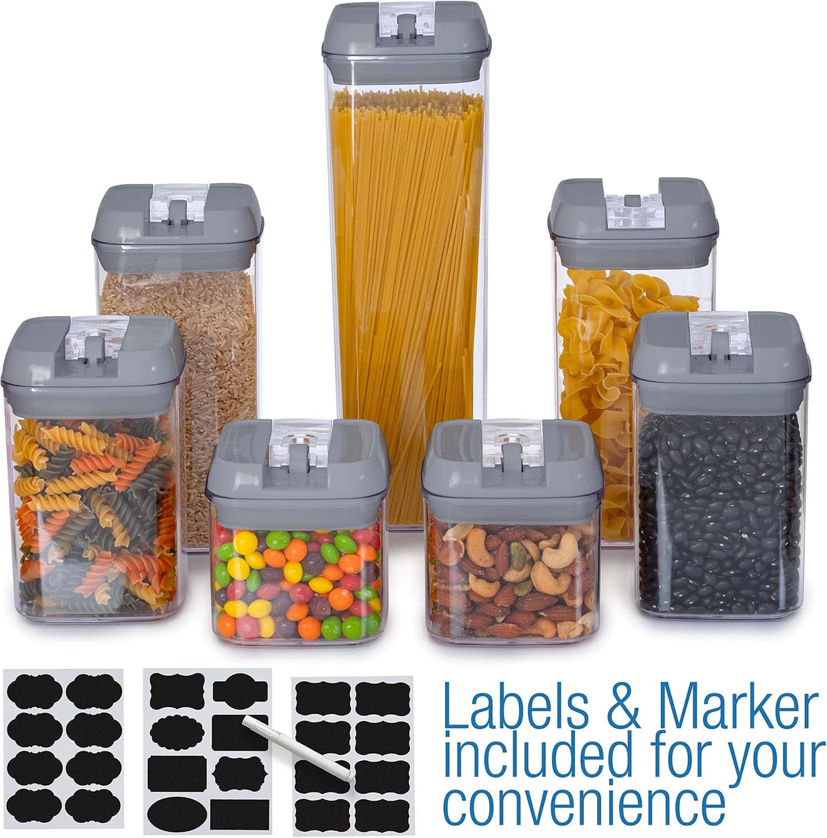 Set of 7 Airtight Food Storage Containers - Pantry Organizer Bins, BPA Free Plastic Containers plus Dry Erase Marker and Labels, White
