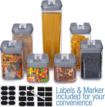 Set of 7 Airtight Food Storage Containers - Pantry Organizer Bins, BPA Free Plastic Containers plus Dry Erase Marker and Labels, White