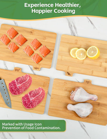 Bamboo Cutting Board Set with Meatal Stand, Lexda 4PCS Eco-Friendly Labeled Tabs Cutting Board, Durable Kitchen Cutting Boards For Chopping Fruit, Meat, Cheese, Veggies - 11" x 8"