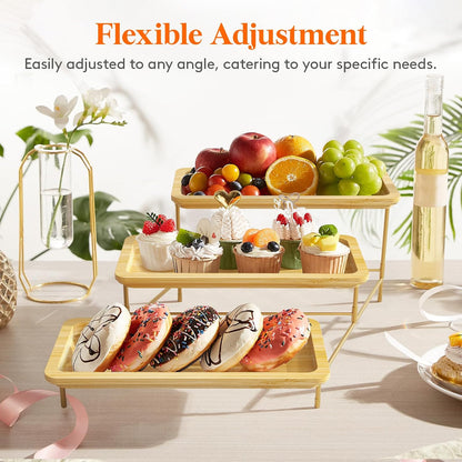 Lifewit 3 Tier Bamboo Serving Tray for Party Supplies, 30 x 17 cm/12" x 6.5" Platters for Serving Food, Reusable Trays with Gold Metal Display Stand for Veggie, Fruit, Cookies, Dessert