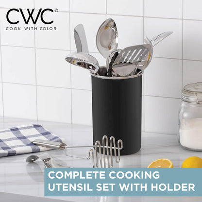 COOK WITH COLOR Kitchen Utensil Set - premium Nonstick & Heat Resistant Kitchen Gadgets, Turner, Spaghetti Server, Serving Spoons, Whisk, Tongs, Masher & Utensil Holder, 10-piece Stainless Steel