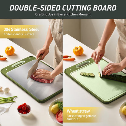 2 Packs Stainless Steel Cutting Board Set, Best Non Toxic Cutting Boards for Kitchen, Double Sided Metal Chopping Board for Meat/Fruit/Vegetables, Food Grade Kitchen Set Gift, [16”×11”+18”×12” Inch]