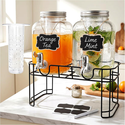 Accguan 1-Gallon Drink Dispenser,Glass Water Dispenser with Tin Lid and Stainless steel faucet,Black Iron Frame,Mason Drink Dispenser for Parties, Picnics, Barbecues and Daily,2 pack