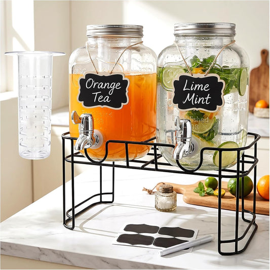 Accguan 1-Gallon Drink Dispenser,Glass Water Dispenser with Tin Lid and Stainless steel faucet,Black Iron Frame,Mason Drink Dispenser for Parties, Picnics, Barbecues and Daily,2 pack