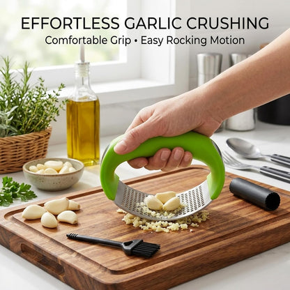 Angel's Peel Lounge Stainless Steel Garlic Press Rocker Set with Silicone Garlic Peeler & Cleaning Brush – Garlic Chopper, Mincer, Grater, Crusher – Easy for Crushed Cloves – Rust-Resistant, Black
