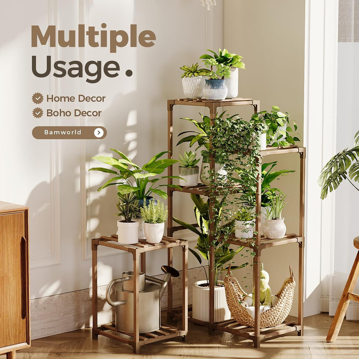 Bamworld Plant Stand Indoor Plant Shelf Outdoor Wood Plant Rack