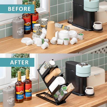 Coffee Cup Holder Organizer 4 Compartment Disposable Cup Dispenser, Cup and Lid Holder with Mesh Basket for Countertop Coffee Station Bar, Black