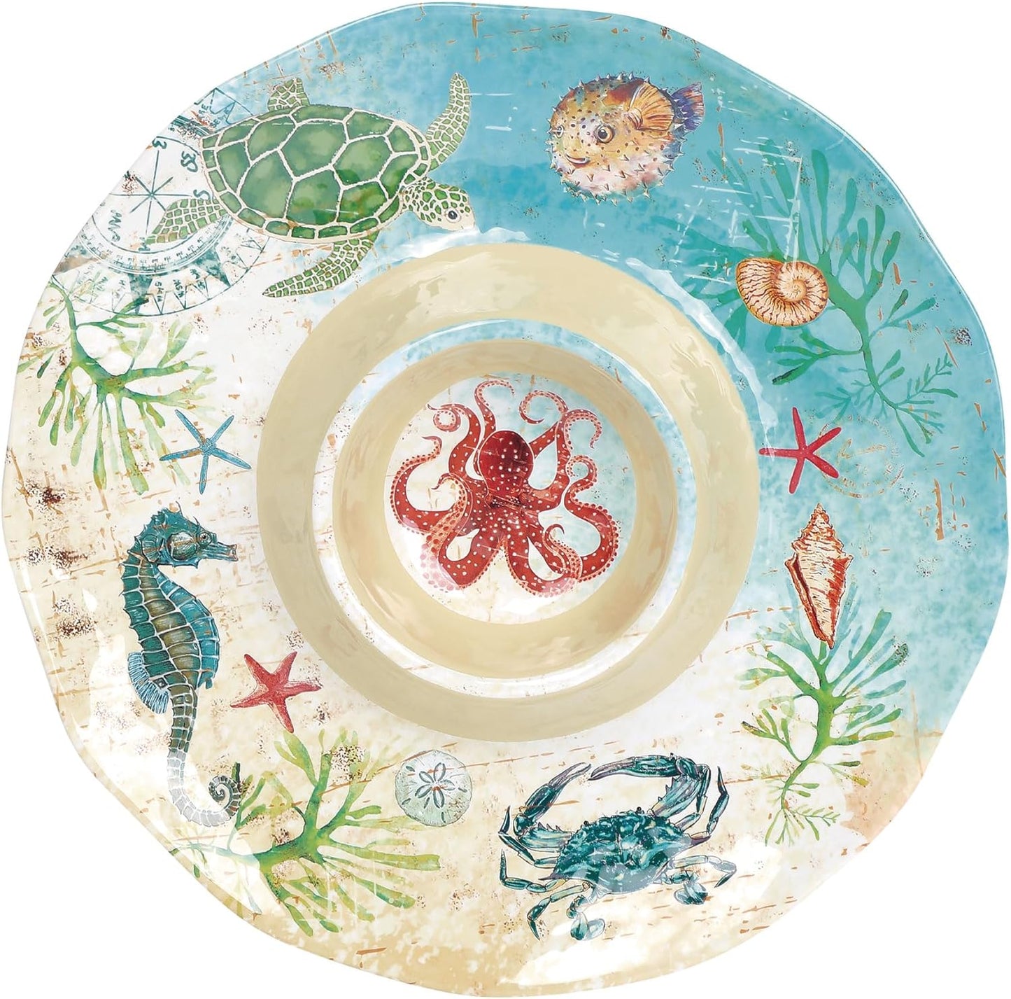 UP Sea Life Melamine Chip and Dip Serving Tray, Round Serving Platter for Chips, Salsa, Fruit, and Snacks, Multicolor, 13.5 Inch