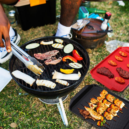 DoubleFill Set of 4 Grilling Prep and Serve Trays, 17x12 Inch 14x10 Inch Large BBQ Platter for Raw and Cooked Food Plastic Grill Tray, Black and Red Stackable Defrosting Grill Prep and Carry System