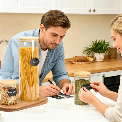 Vtopmart Glass Food Storage Jars, 7 Pack Kitchen Containers with Airtight Bamboo Wooden Lids for Pasta, Cookies, Nuts, Coffee Beans, Cereal, Canisters Set for Flour, Pantry Organization, BPA Free