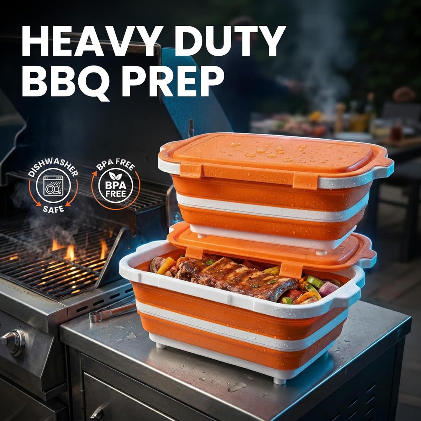 BBQ Prep Tub 2 Pack (8L+8L) - Multifunctional Collapsible Camping Cutting Board with Upgraded Locking Lid, Meal Prep Meat Storage Container Perfect for Grilling, Outdoor Cooking (Large x 2)