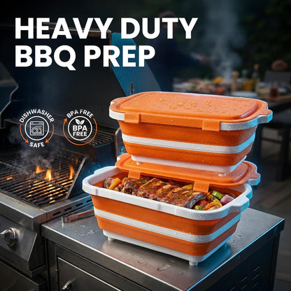 BBQ Prep Tub 2 Pack (8L+8L) - Multifunctional Collapsible Camping Cutting Board with Upgraded Locking Lid, Meal Prep Meat Storage Container Perfect for Grilling, Outdoor Cooking (Large x 2)