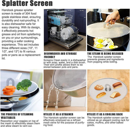 Splatter Screen for Cooking - Stainless Steel Grease Splatter Guard for Frying Pan, No Cooking Oil Mess No Burns, Ultra Fine Mesh Lids Set of 3(10", 11.5", 13")