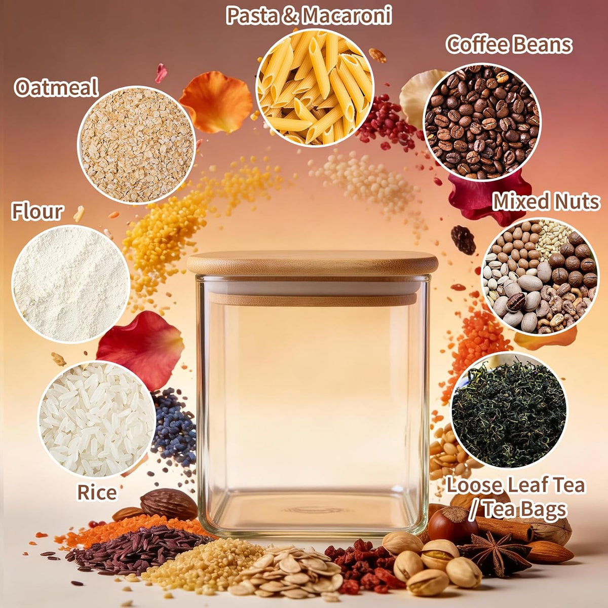 77L Glass Storage Containers with Lids [Multi-Size Set of 5], Airtight Glass Canisters for Kitchen & Pantry Organization, Clear Food Jars for Pasta, Cereal, Flour, Sugar, Coffee, Nuts & Snacks